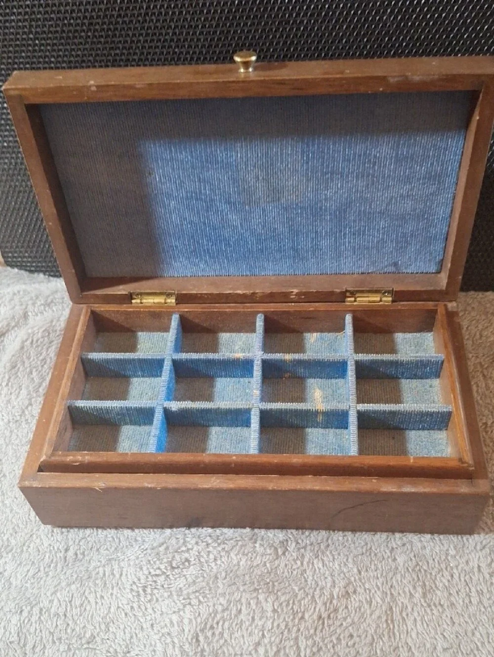 Vintage MCM Wooden Valet Box with Brass Button - Dark Brown